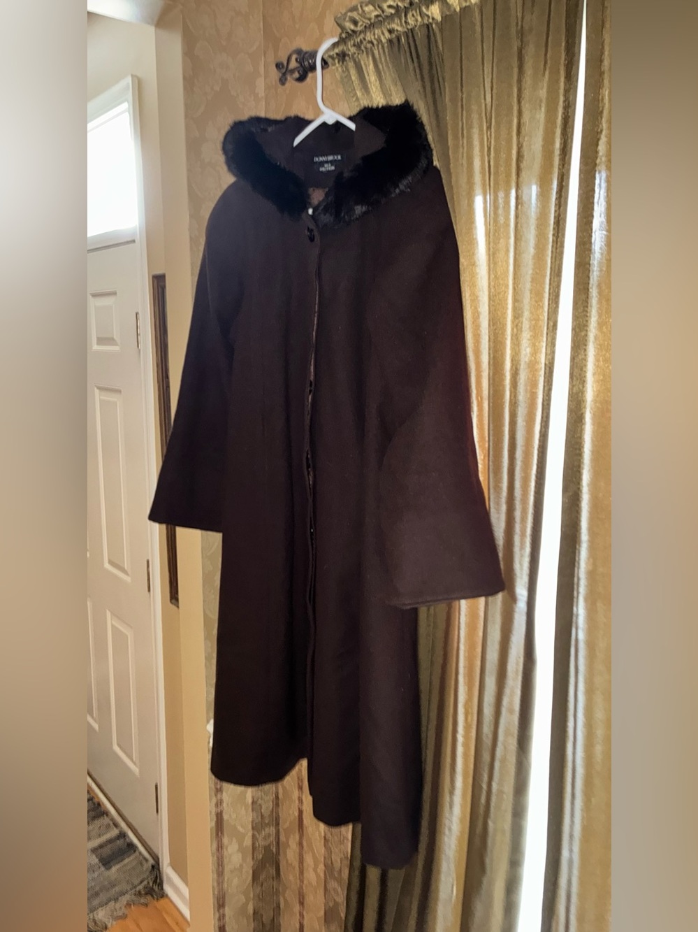 100% Wool Coat with Chocolate Brown 100% Genuine Rabbit Fur Hood Trim